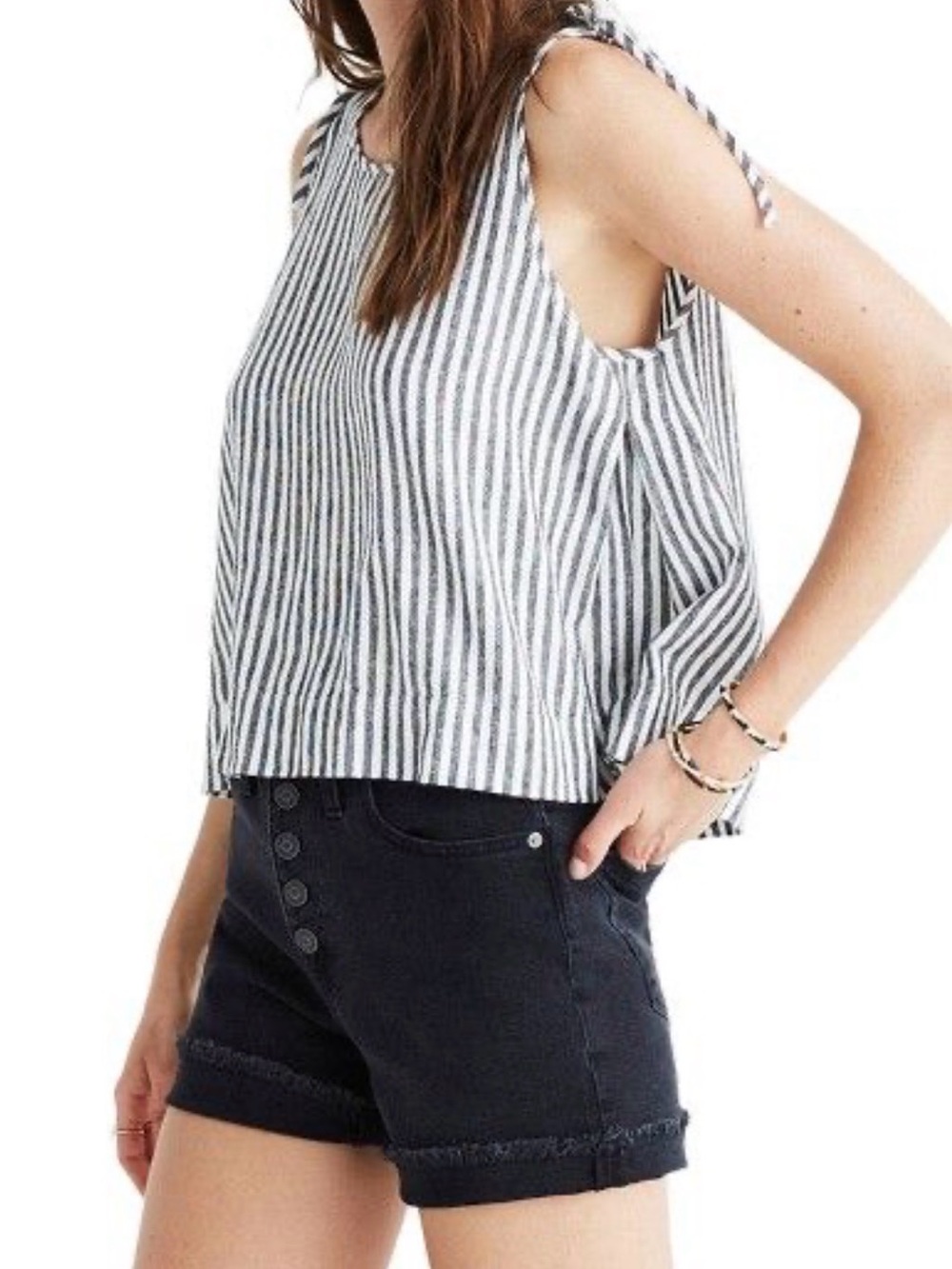 Madewell Vertical Stripe Tie-Shoulder Tank Top - White & Gray